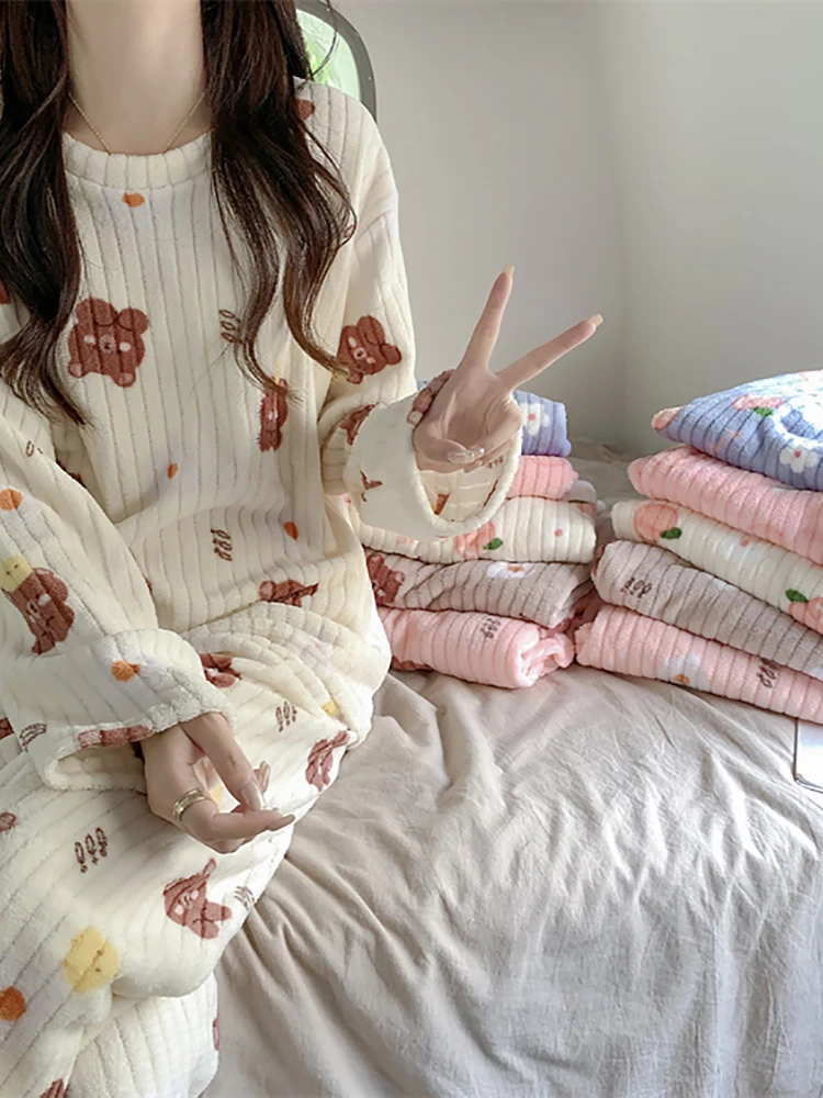 ITOOLIN Autumn Winter Women O-Neck Long Sleeve Pajama Suit 2 Piece Suit Knit Cartoon Warm Coral Fleece Pajamas Set