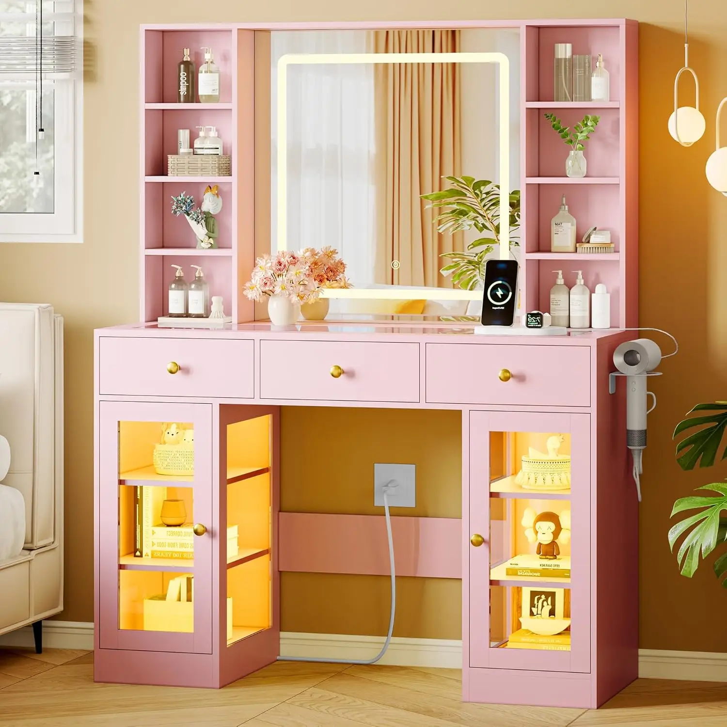 Pink Glass Top Makeup Vanity Desk with HD Lighted Mirror, Power Outlet and RGB Cabinets for Bedroom
