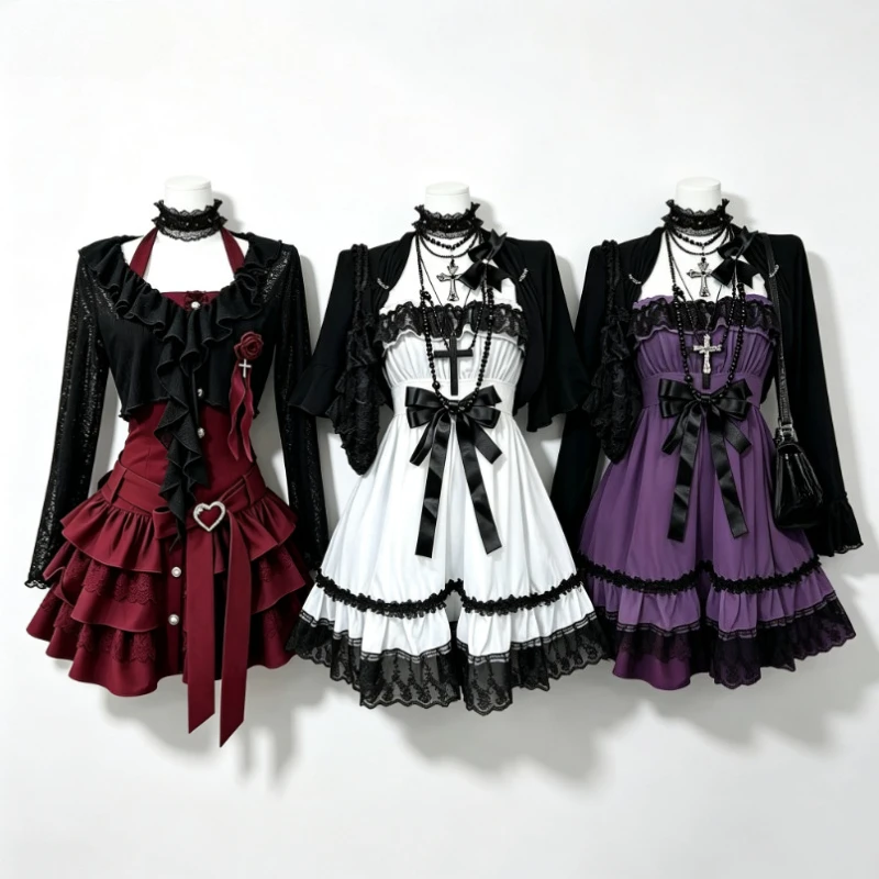 Punk Party Lolita Dress Suit Women Casual Short Cardigan Japanese Y2K Vintage Mini Dress Harajuku Fashion 2 Piece Set
