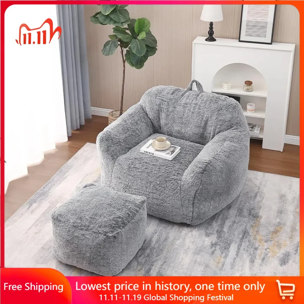 Bean Bag Chair, Fur Faux Arm with Ottoman, High Density Foam Padding with Pocket and Footstool, Lazy Bean Bag Sofa