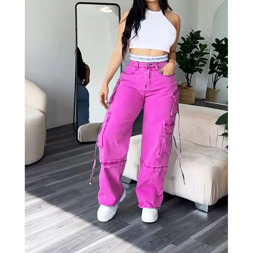 Denim Straight Jeans Wide Leg Women High Waist Loose Pants Y2K Trousers Hip-hop Streetwear Waist Colorblocked Design Loose Jeans