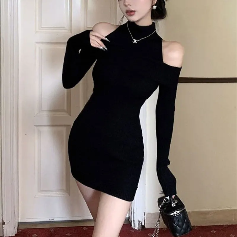 

Elegant Off Shoulder Dresses Women's Clothing Solid Color Slim Autumn Winter Half High Collar Fashion Bag Hip Knitted Mini Dress