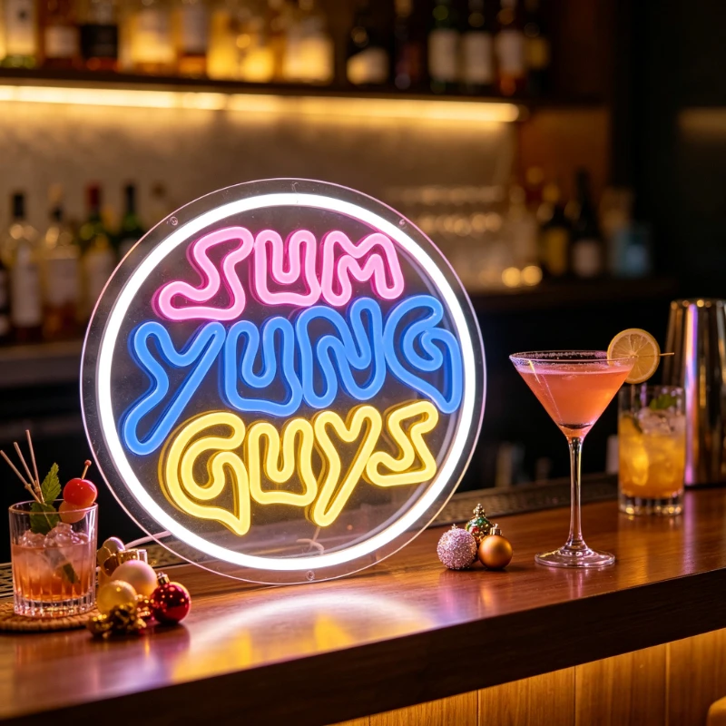 Slim Yung Guys LED Neon Sign Colorful Round USB Powered Dimmable Wall Art for Home Bar Club Party Decor