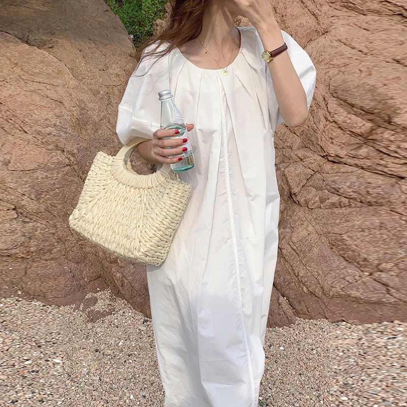 Chic Summer Loose Long Bubble Sve Round Ne Pure Color Dr เกาหลี Sle Casual Ele Split Ba Dr สําหรับผู้หญิง