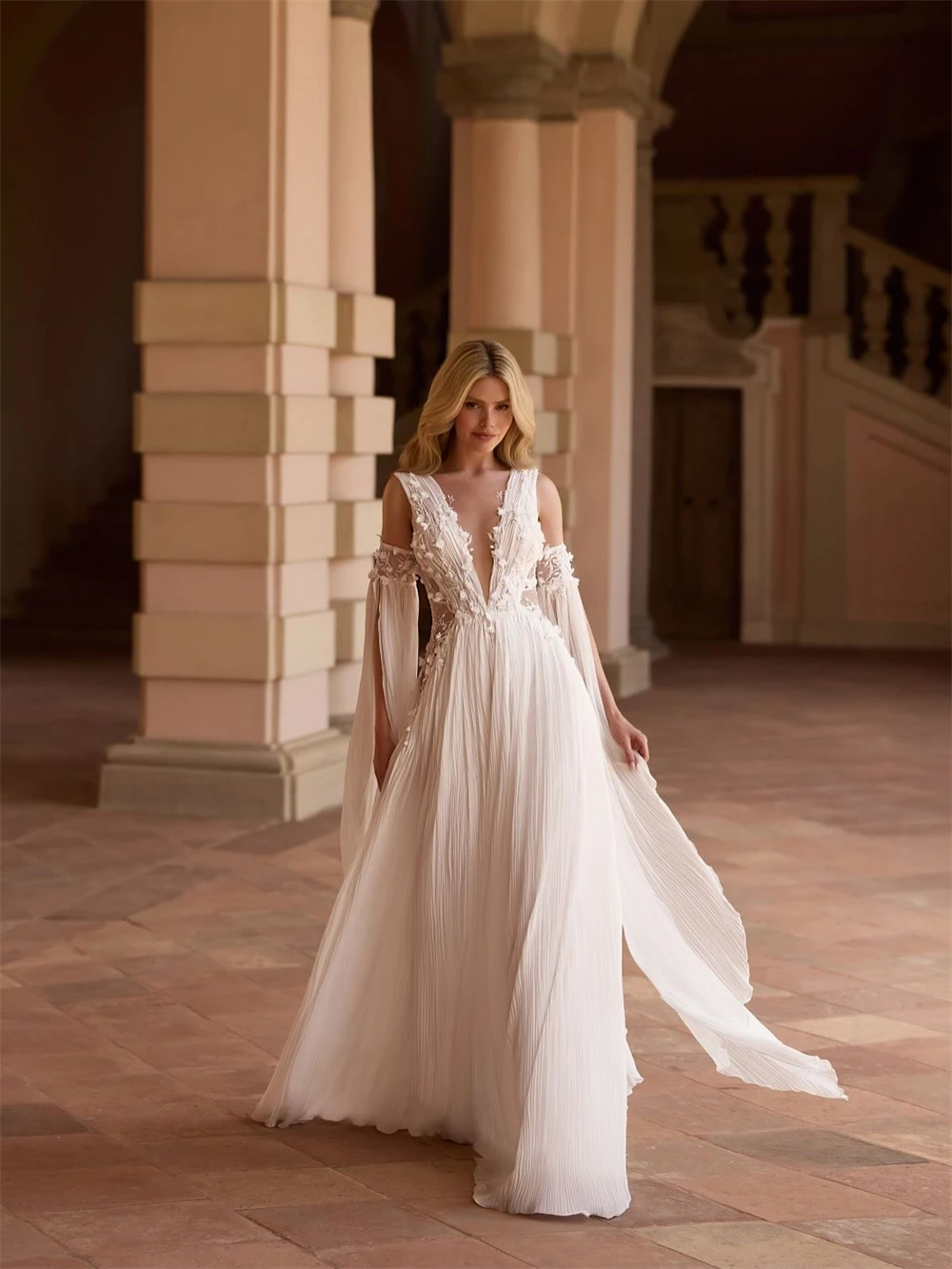 

Customized Graceful White Chiffon Wedding Dress Formal V-neck Sleeveless Robe de mariée Boho Straight Appliques Vestido De Novia