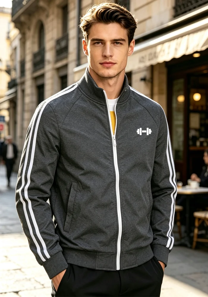 New Men Black Athletic Jacket With  White Side Stripe Zipper Up Fleece Lined Sportswear Male Gym Training Winter Street Outfit