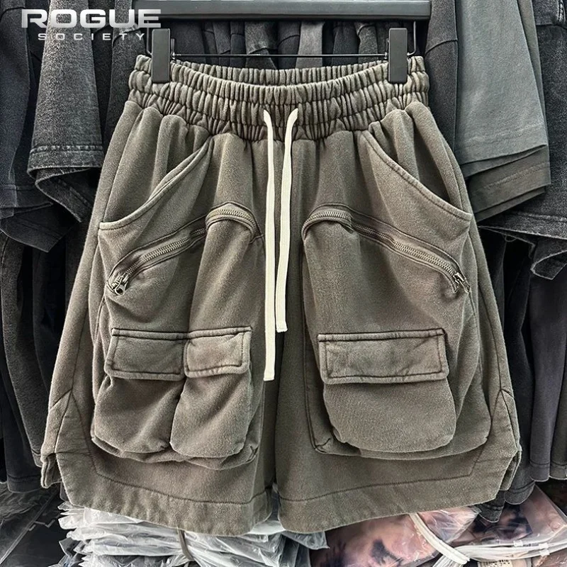 

High Street Luxury Harajuku Vintage Distressed Men Denim Shorts Decor Pocket Casual Summer Baggy Streetwear Cropped Cargo Pants