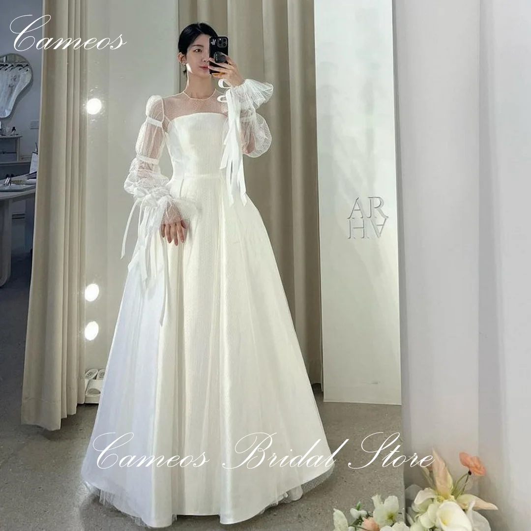 SONDR Korean O-Neck Ivory Wedding Dress A-Line Dotted Mesh Customized Formal Bride Dress 웨딩드레스 Long Sleeves Wedding Gown Bridal