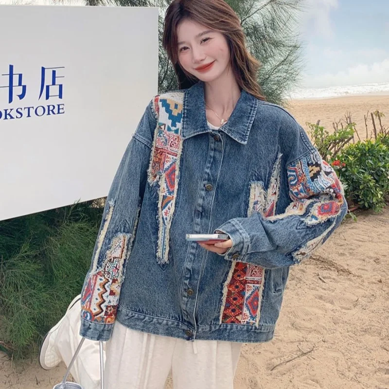 Spring Autumn Blue Denim Coat Retro Embroidery Denim Jacket 2025 New Women Jacket Fashion Loose Coat