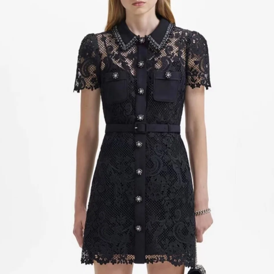 

2023 new Women Black embroidered dress short sleeve temperament lady mini dress