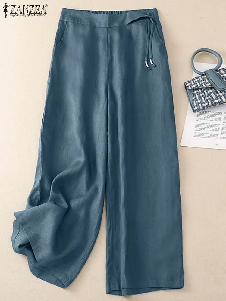 

ZANZEA 2023 Autumn Pants Women Vintage Solid High Waist Palazzo Stylish Spring Wide Leg Trousers Loose Work Pantalon Oversize