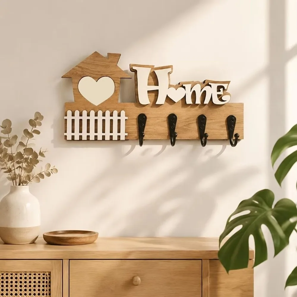 Wooden Crafts 4 Hooks Wooden Key Hook Vintage Decorative Key and Accessory Hanger Rustic Wall Storage Rack Entrance Decoration