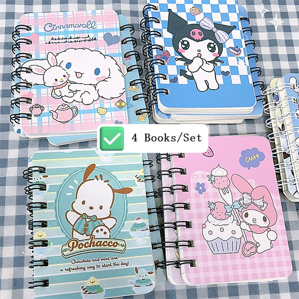 4 unids/set cuadernos de bobina Kawaii Sanrio dibujos animados A7 patrón de impresión estudiante papelería Bloc de notas lindo cuaderno suministros escolares de oficina