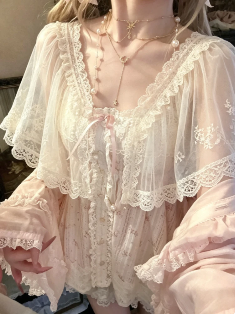 Sweet Lolita Lace Shawl Women Japanese Vintage Embroidery Shirts Drawstring Doll Collar Blouse Kawaii Versatile Knit Cardigan