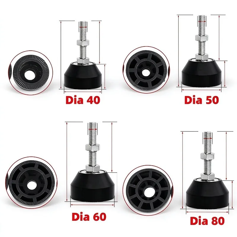Adjustable Lathe Leg Dia 40/50/60/80mm Thread Type Adjustable Levelling Feet Swivel Base Articulating Legs M6 M8 M10 M12 M14 M16