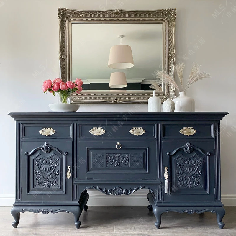 

Nordic French Retro Distressed Solid Wood Sideboard Antique Sideboard European Carved Cupboard