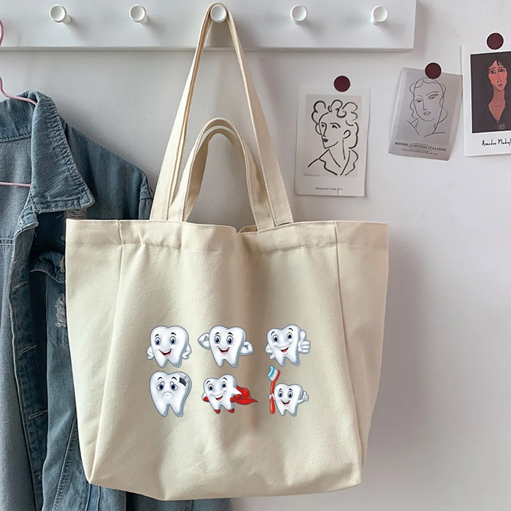 Women's Shopping Organizer Bag 2025 Canvas All-match Teeth Printed Large Capacity Shoulder Bags Reusable Casual Handbag Tote Bag
