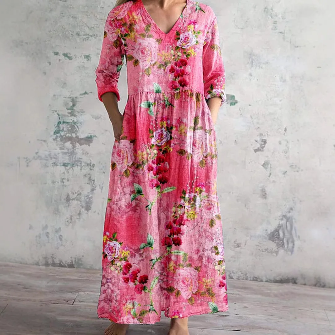 Women Dresses Long Sleeve Dress Print V Neck Spliced Vestidos Ankle Length Dress Pockets Loose Fit Slight Strech 2025 Casual