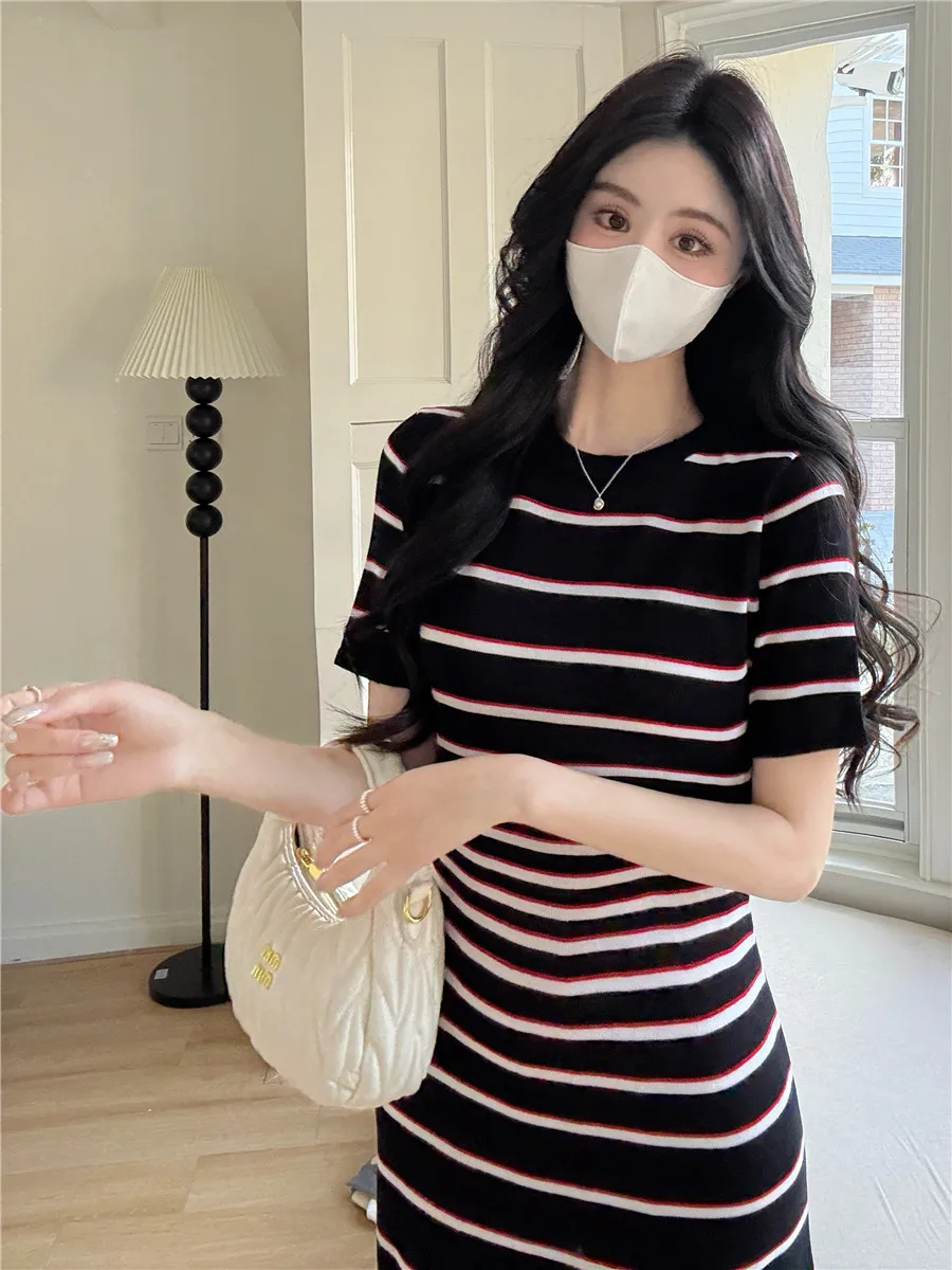 Printemps été tricoté rayure longue Dr a-ligne Bla Dr Semi-Transparent taille haute trajet Sle ort Sve femme Dr