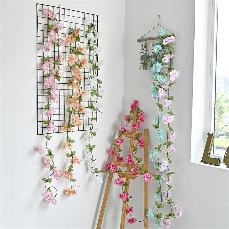 18 Head Simulated Cherry Blossom Vine 2.4m Wedding Arch Prop Decoration Display Window Rattan Silk Flower Wholesale DIY Wreath