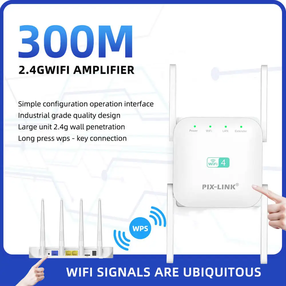 PIX-LINK WR52Q 무선 익스텐더 300M 라우터 리피터 홈 오피스 네트워크 신호 부스터 용 긴 WiFi 범위 신호 증폭기