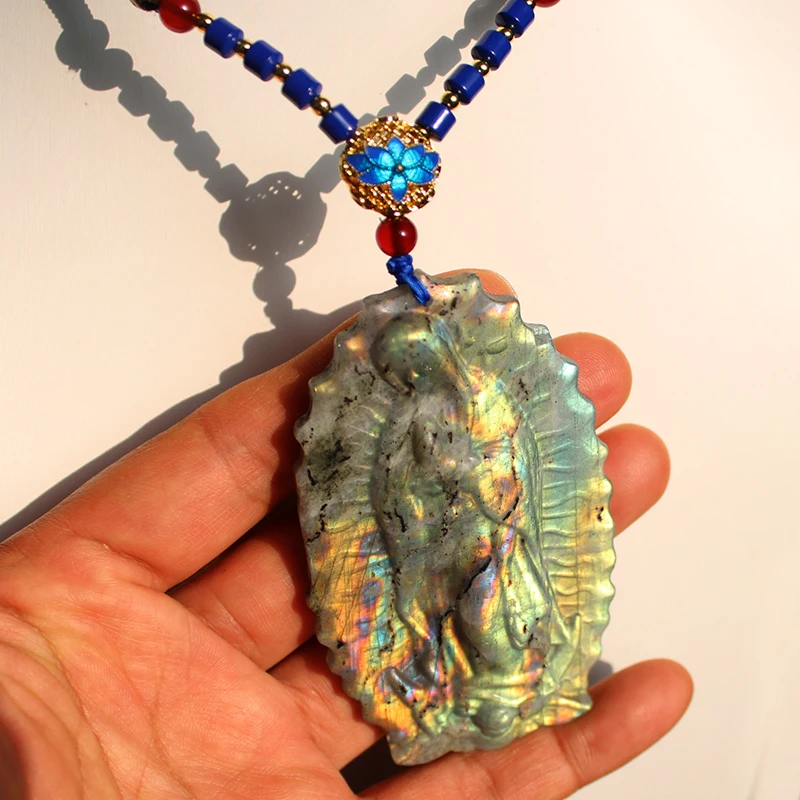 Unit One Piece Natural Flash Labradorite Big Virgin Mary Necklace Pendant For Gift