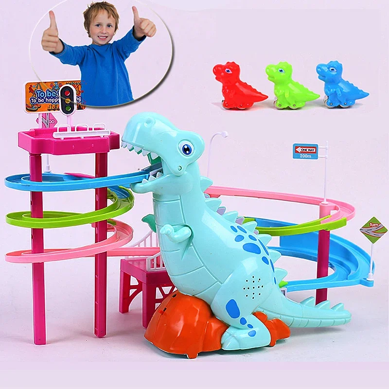 Dinossauro paraíso terno porco brinquedos escalada escadas trilha peggy slide montagem elétrica com música colorida