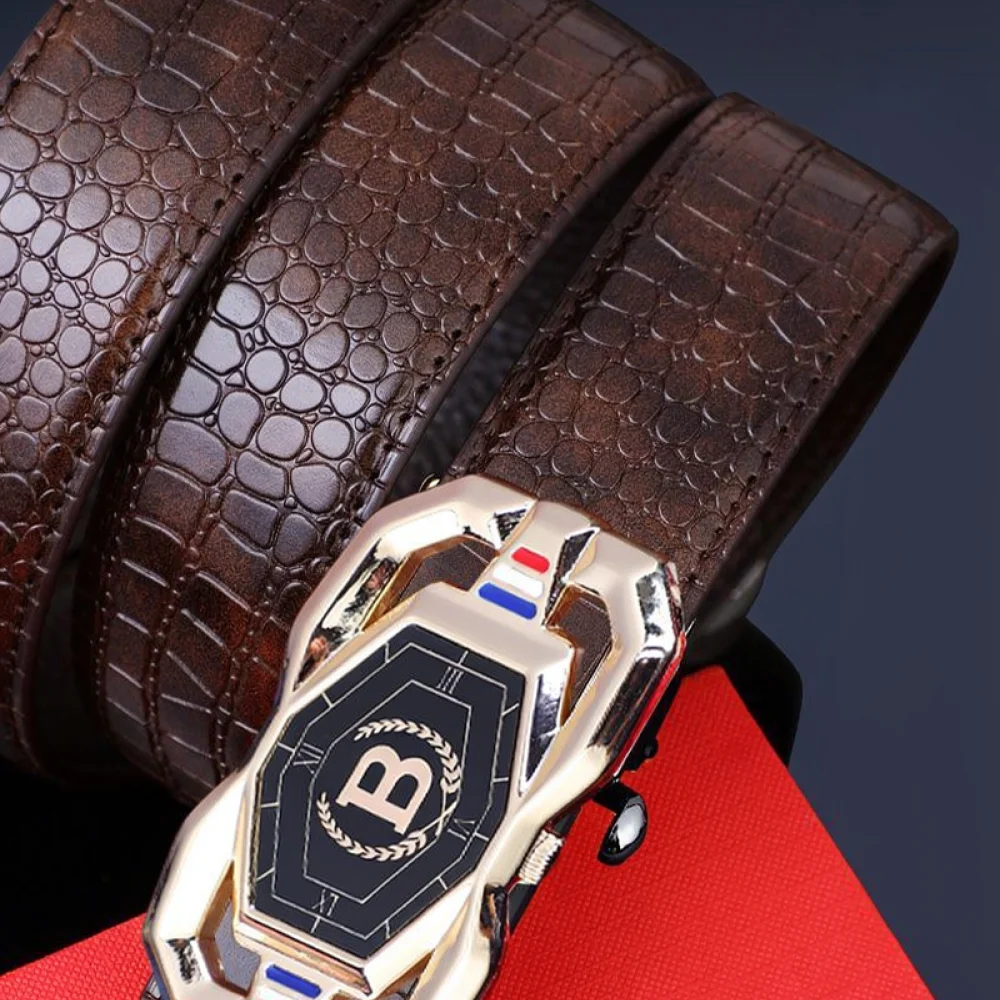 Mens Business Casual Belt Automatic Buckle Crocodile Grain Soft Leather Waist Strap Daily Commuter Fashion Accessory