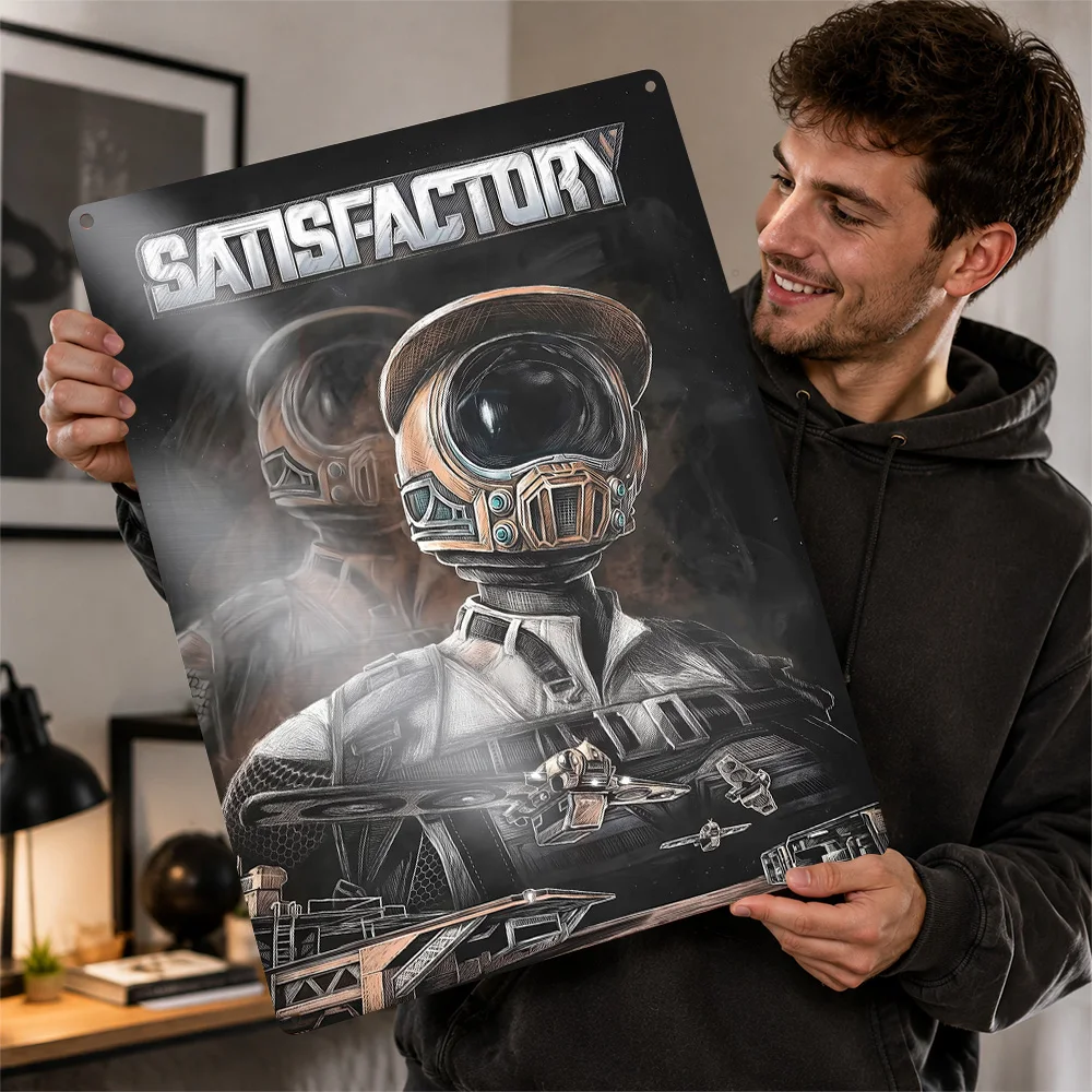 Satisfactory Pioneer Portrait Printed Poster Personalized Aluminum Metal Sign Cosmic Mission Style Wall Art Enhances Game Room