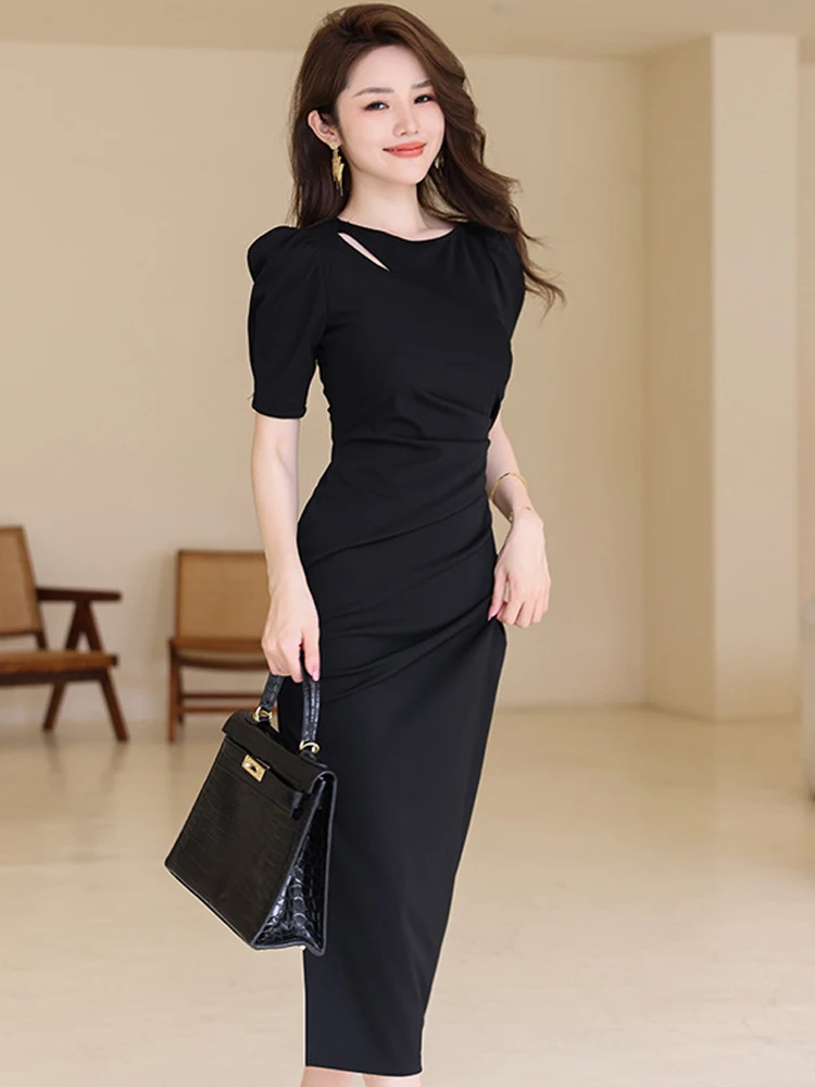 Summer Midi Dresses for Women 2023 Casual Fashion Black Hollow Puff Sleeve Folds Split Robe Femme Street Party Office Vestidos