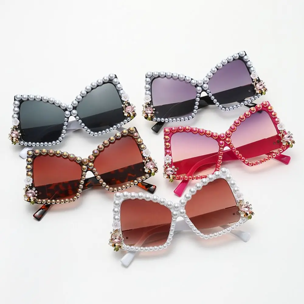 Sun-Protective Bow Sunglasses Pearl Decoration Irregular Outdoor Sunglasses Eyewear Black Shades Glasses Travel Accessories