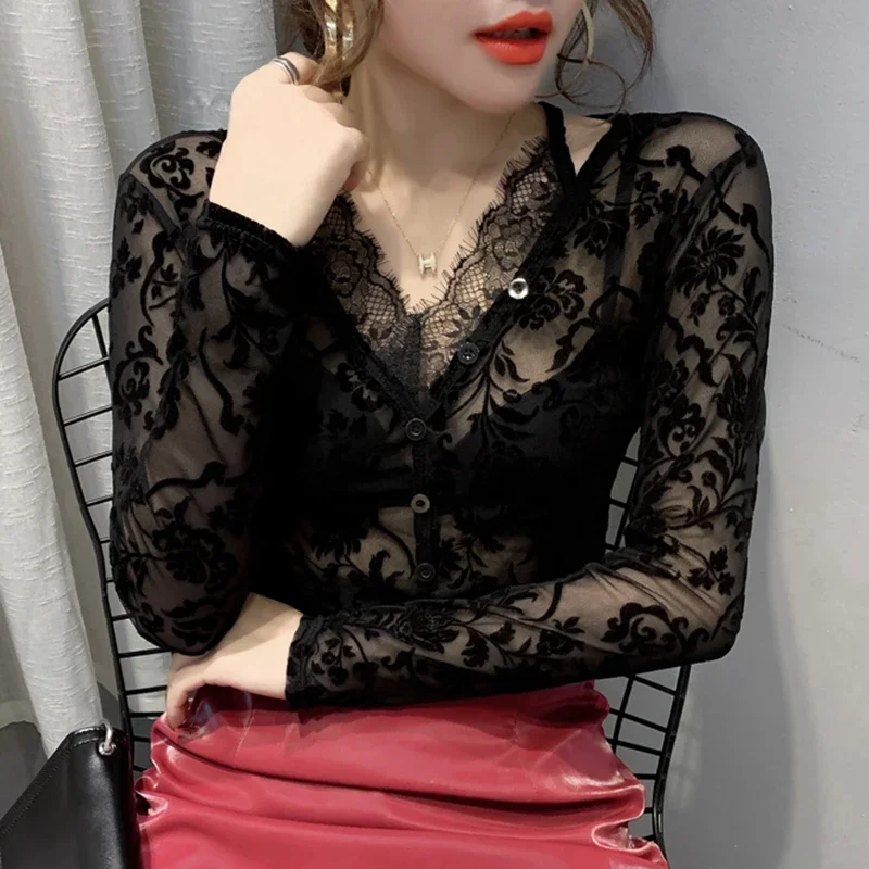 Oversized Hollow Out Lace Blouses Women 2024 Fashion Long Sleeve Sexy Ladies Tops Transparent Casual Black V Neck Blusas Mujer