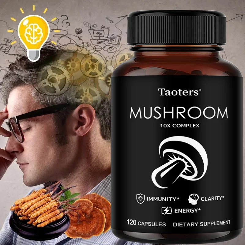 

10-in-1 Mushroom Complex Capsules, Support Brain Focus, Memory, Mood, Energy & Immune Health, Relief Stress, Vegan Non-GMO
