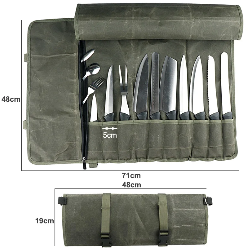 Canvas Chef Knife Roll Bag Portable Chef Kitchen Knife Storage Pockets 11 Slot Durable School Camping Cooking Knives Carry Case