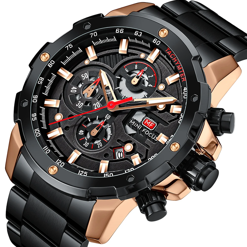 MINI FOCUS Men's Business Casual Quartz Watch, Skeleton Dial, Multifunction Waterproof Stainless Steel Bracelet Wristwatch
