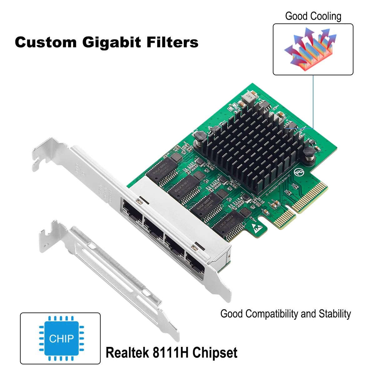 IOCREST PCIe x4 4 Ports Gigabit Ethernet Network Card 10/100/1000Mbps Quad NIC Realtek 8111H Chips for PC Server