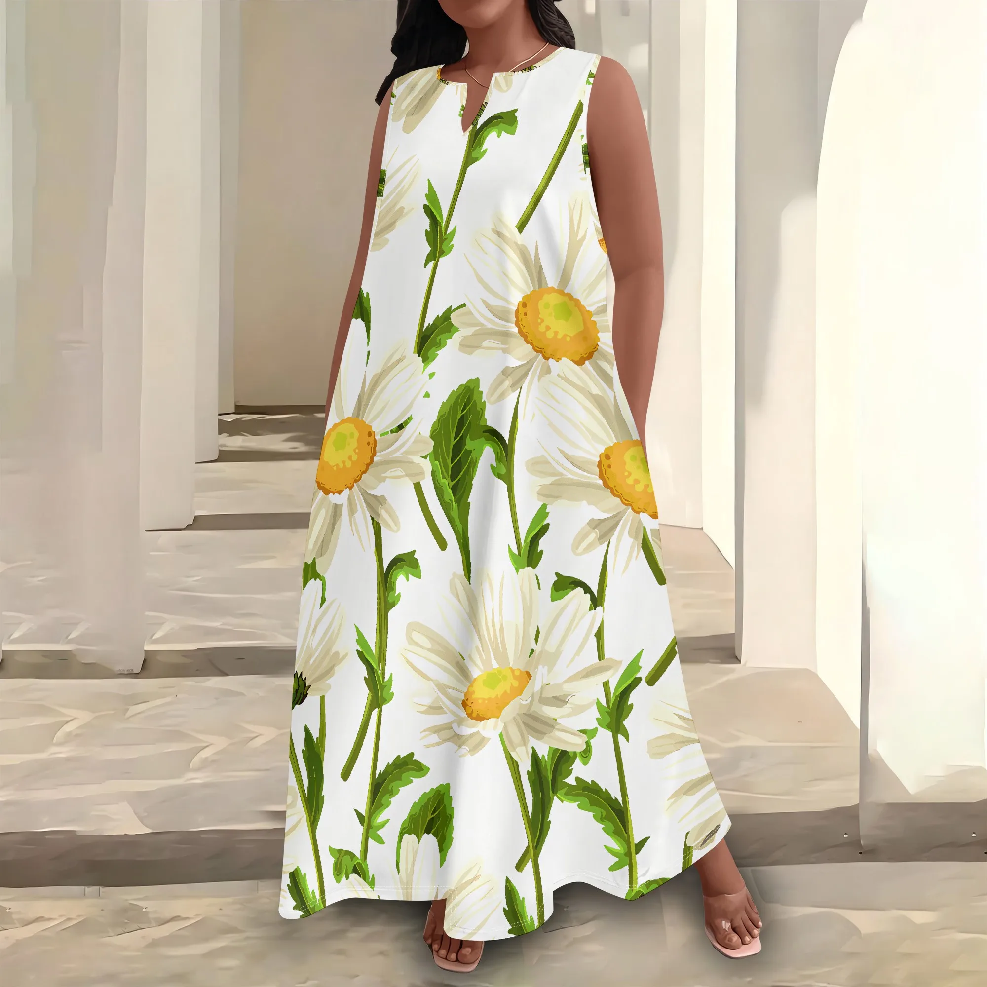

Plus Size Women's Summerl Fashion Printed African Style Sleeveless Round V Neck Dress Loose And Casual Dress