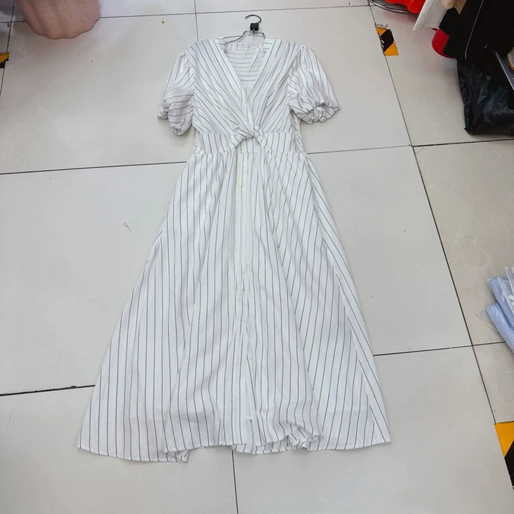 

Австралийское нишевое изысканное платье с украшением на пуговицах и воротником в полоску, повседневное платье с рукавами-фонариками на талии-GZXX277