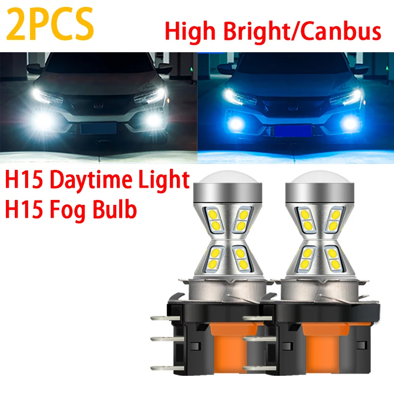 2Pcs Car Canbus No Error H15 LED Front Fog Bulbs High Bright Signal Lights Daytime Running Lamp White Yellow Ice Blue 12V 1300LM