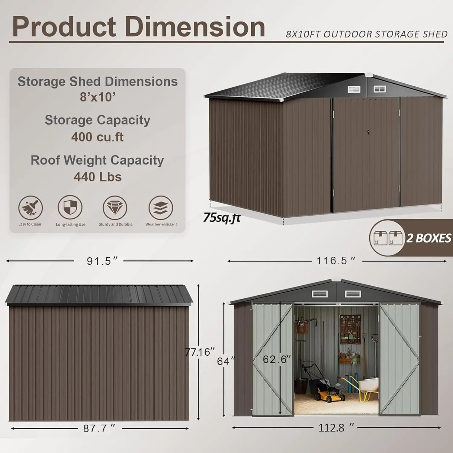 ベース付き屋外収納小屋、ユーティリティツール、ドアとロック付きの家、金属鋼、7.6 'x 9.7'