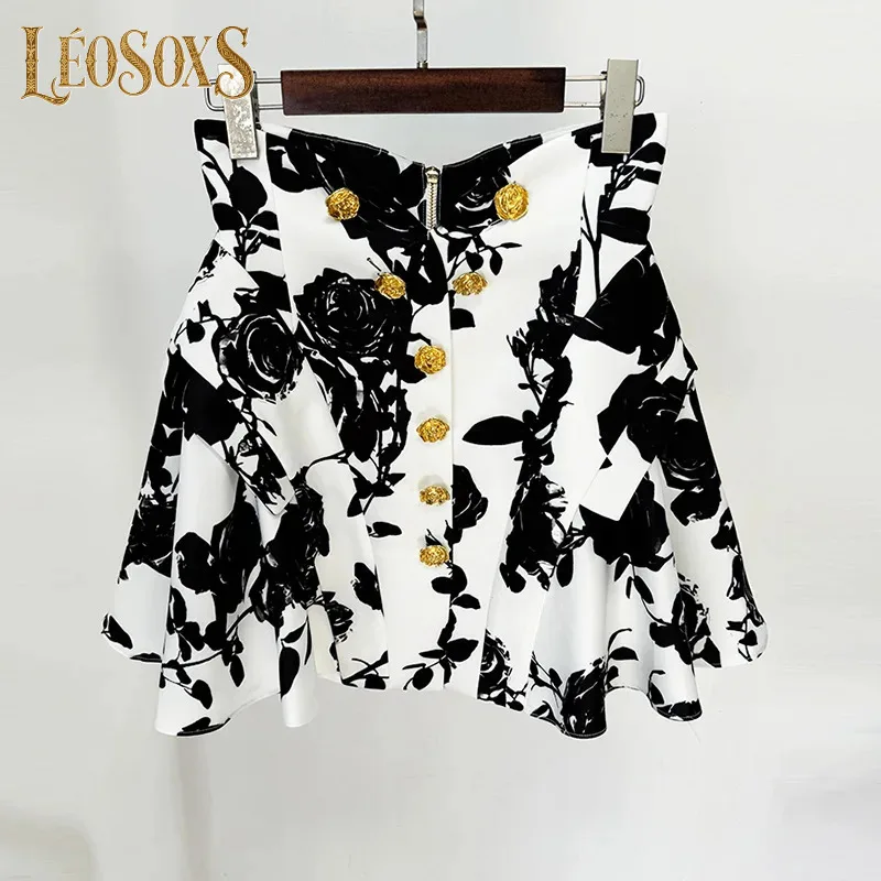 LEOSOXSSummer New Women's Fashionable Temperament Commuting Elegant Tulip Waistline Rose Metal Buckle Printed Short Skirt