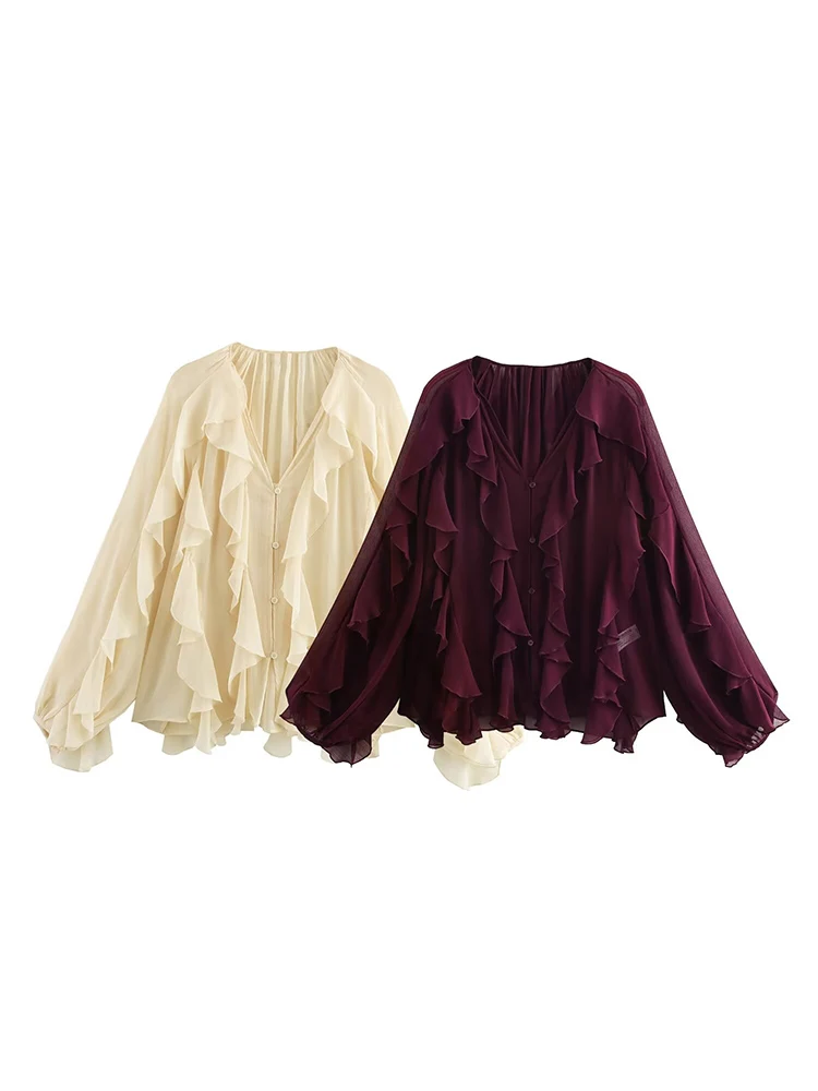 

KUCLUT Women Fashion Wine Red Ruffled Pleated Single Breasted Blouse Vintage V-Neck Long Sleeves Female Chic Lady Shirts