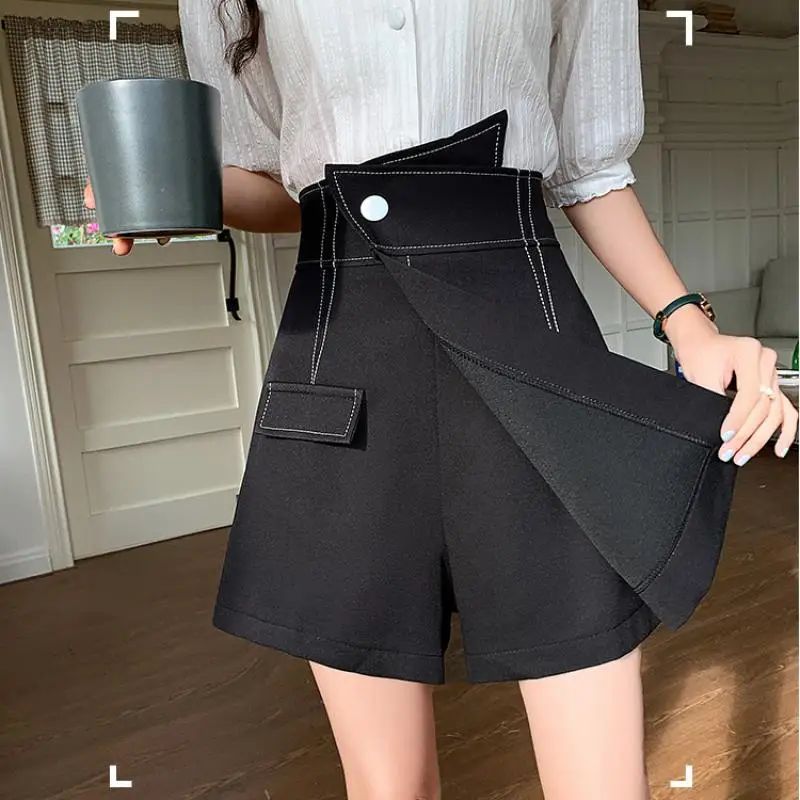 Summer and Autumn Leisure Commuting Pure Color High Waist Irregular A-Line Versatile Slim Fit Fake Two-Piece Wide Leg Pants