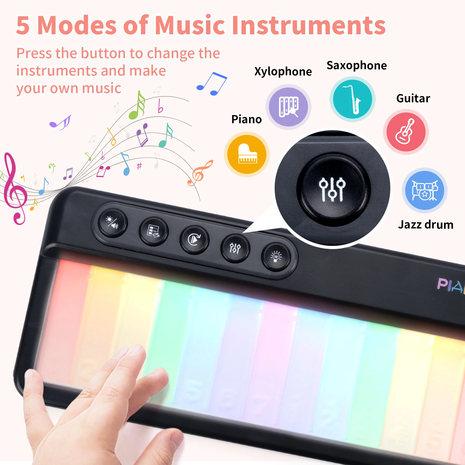 ของเล่นเปียโนกระพริบสีรุ้งพร้อมเครื่องดนตรี 5 ชนิด 13 ทำนอง ของเล่นดนตรีอิเล็กทรอนิกส์ ของเล่นคีย์บอร์ดแบบพกพา ของเล่นเพื่อการศึกษาสำหรับเด็ก