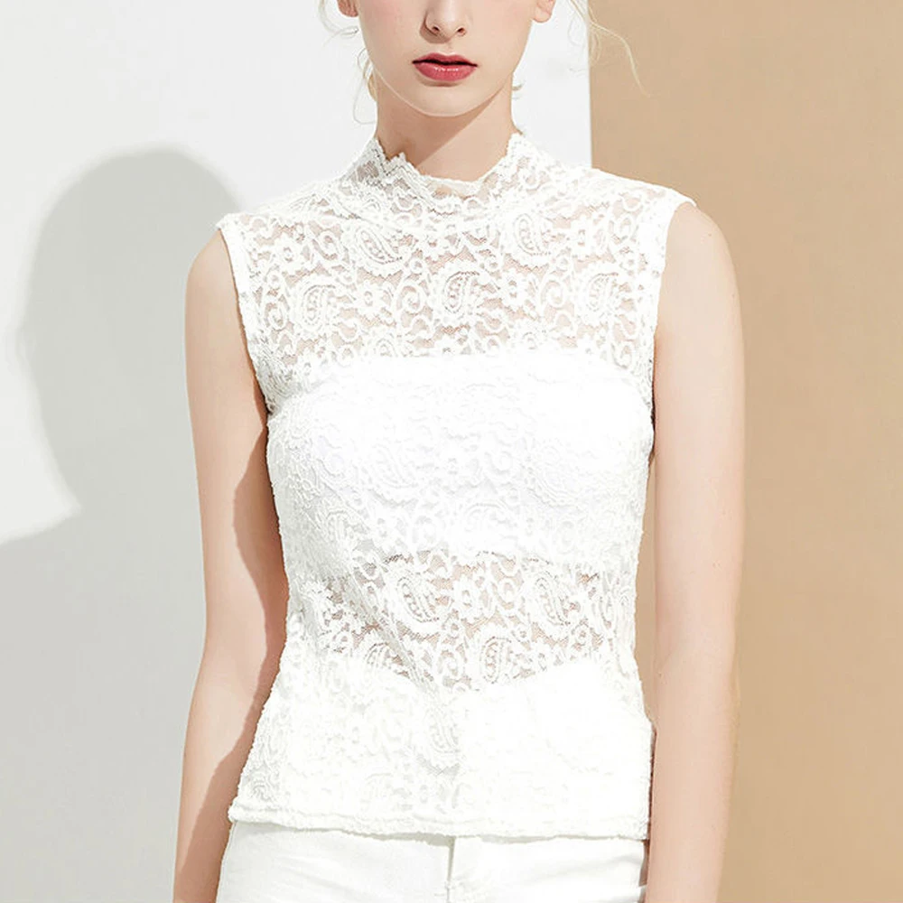 

See Through Thin Paisley Lace Elastic T Shirt Vest Women S-XL Apricot Black White Tanks Girl O Neck Sleeveless Female Blouses