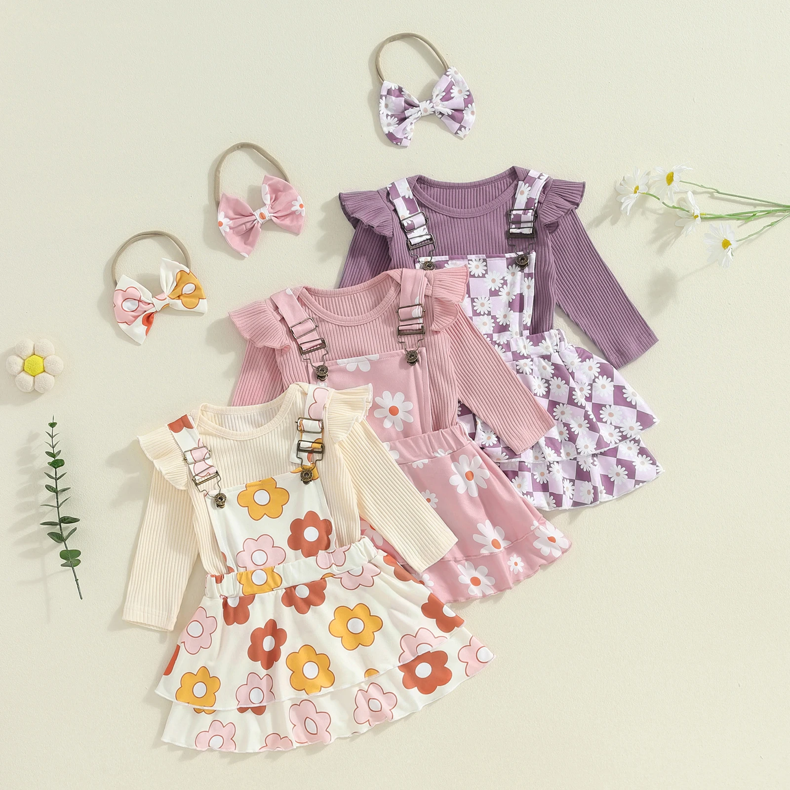 

Baby Girls Fall Spring Outfit Long Sleeve Romper Tops Floral Print Suspenders Dress Cute Headband 3 Piece Girls Clothes Set