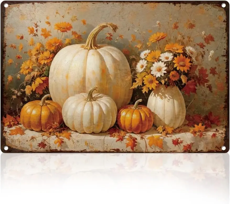 Autumn Pumpkin Flowers Tin Sign Retro Wall Decor Metal 8 x 12 Fall Harvest Thanksgiving Wall Art Poster for Home Cafe Room Farmh