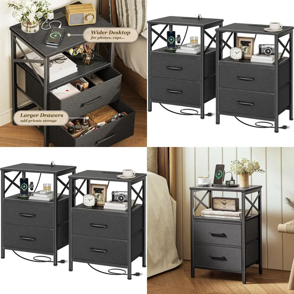 

Pair of Modern Nightstands with USB-C Charging, Open Shelves, Ideal for Small Spaces, Black