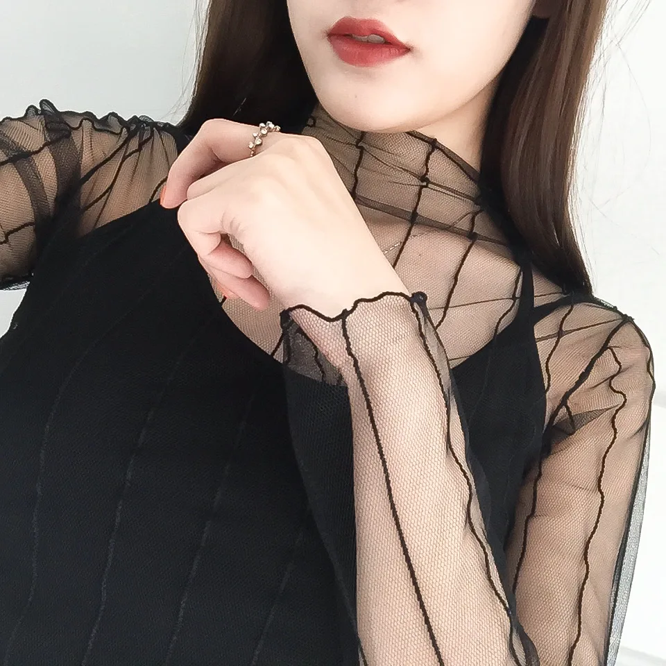 Sexy Lace Mesh Sheer T-shirts Women Clothing Vertical Striped Black White Women Tops Club Party Long Sleeve Blouses Female Tops