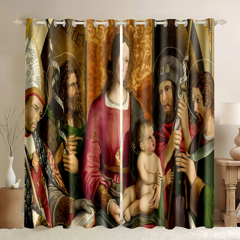 Jesus Nativity Blackout Window Curtains,Blackout Curtains Cross Virgin Mary Pattern Window Curtains Christianity Decorations